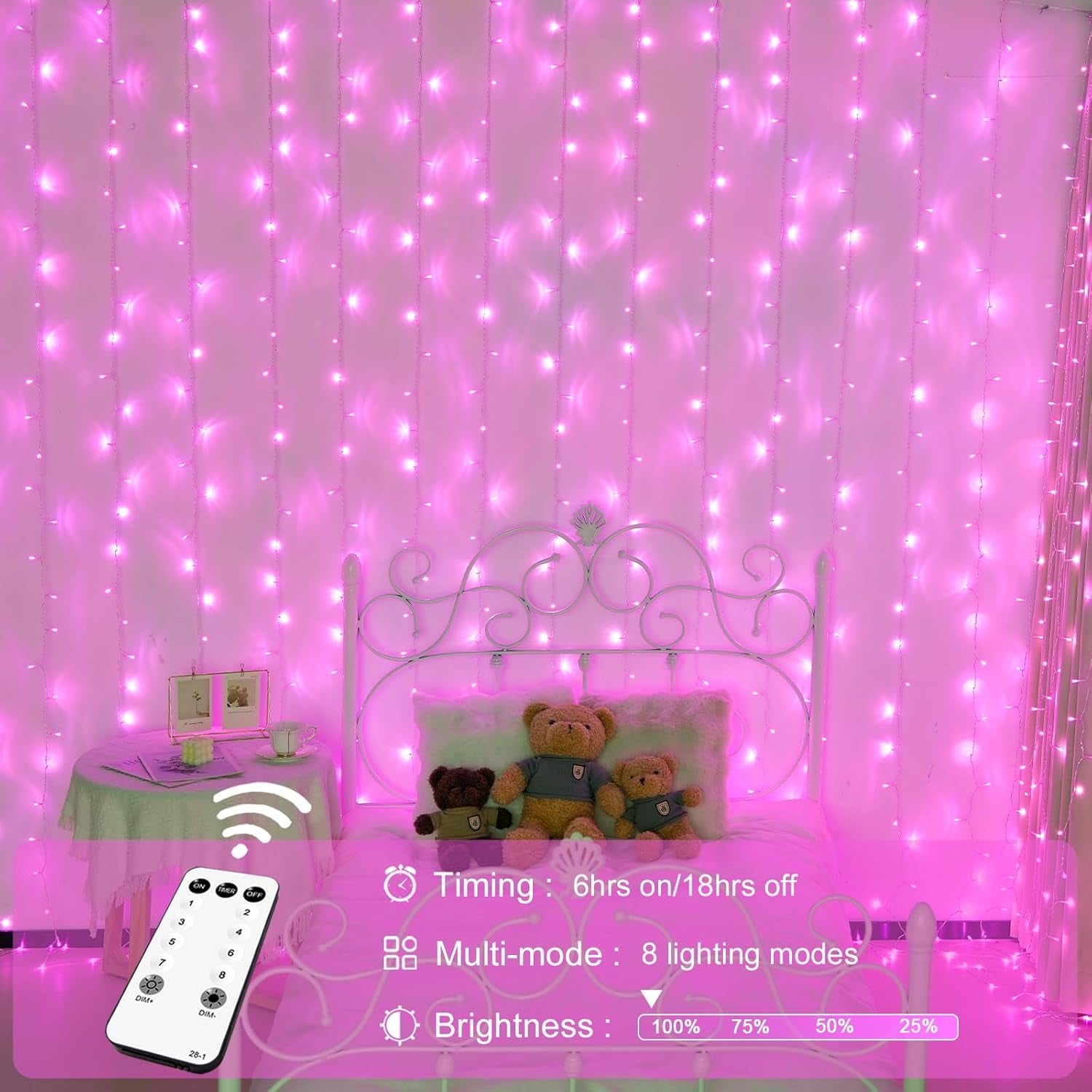 300 LED Curtain Lights Plug in with Remote, 9.8X9.8FT Pink Christmas Lights Indoor, 8 Modes Pink String Lights for Bedroom Window Wall Party Backdrop Xmas Valentine Decorations