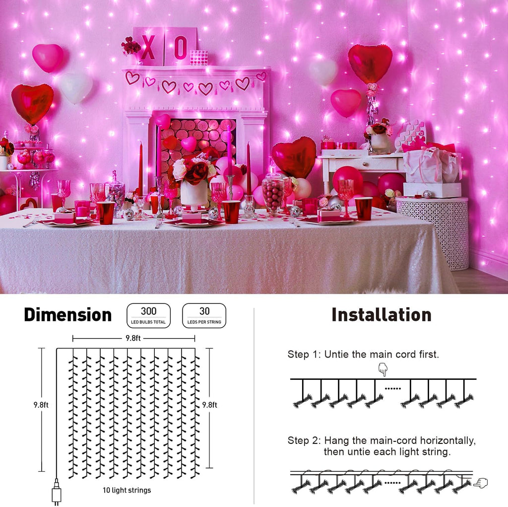 300 LED Curtain Lights Plug in with Remote, 9.8X9.8FT Pink Christmas Lights Indoor, 8 Modes Pink String Lights for Bedroom Window Wall Party Backdrop Xmas Valentine Decorations