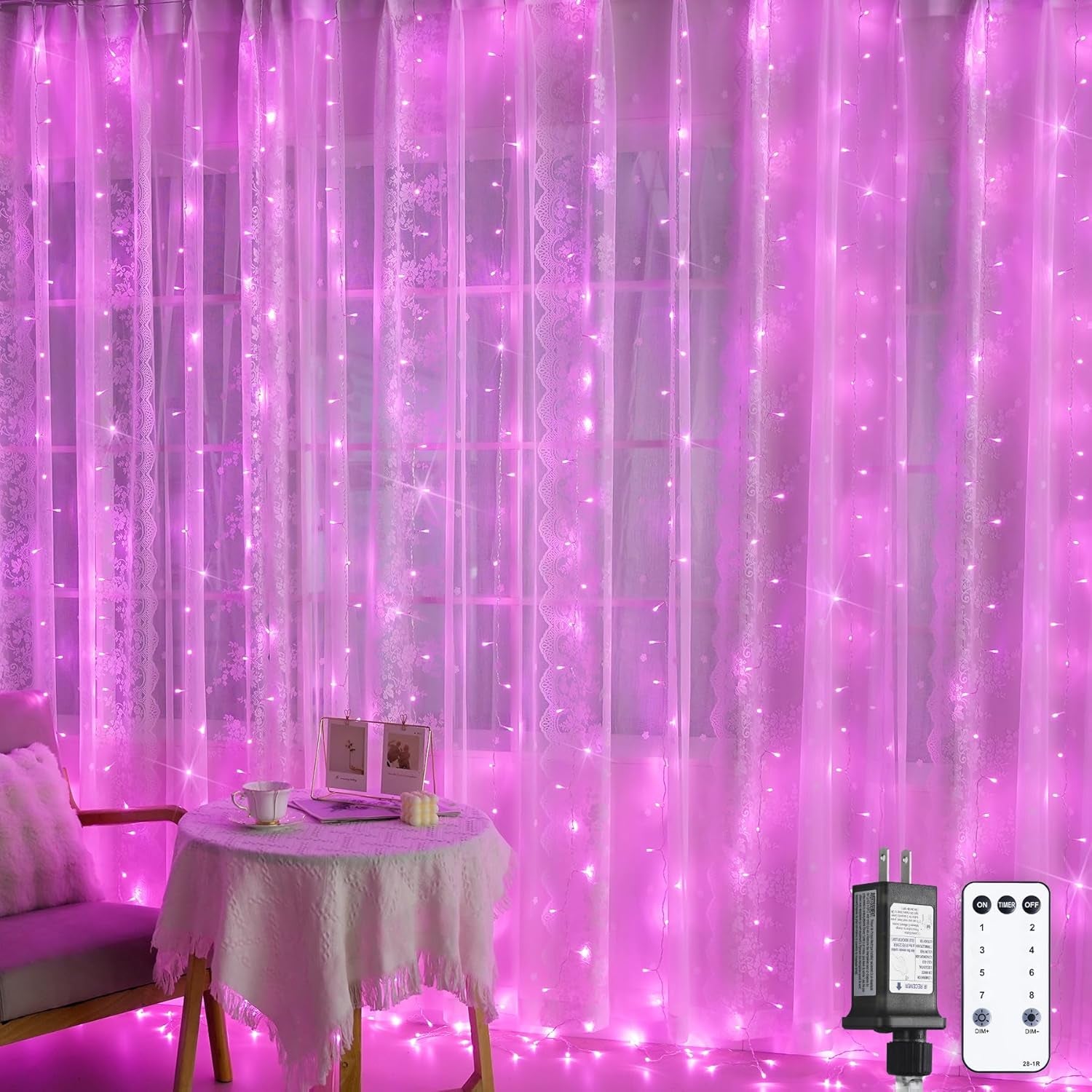 300 LED Curtain Lights Plug in with Remote, 9.8X9.8FT Pink Christmas Lights Indoor, 8 Modes Pink String Lights for Bedroom Window Wall Party Backdrop Xmas Valentine Decorations