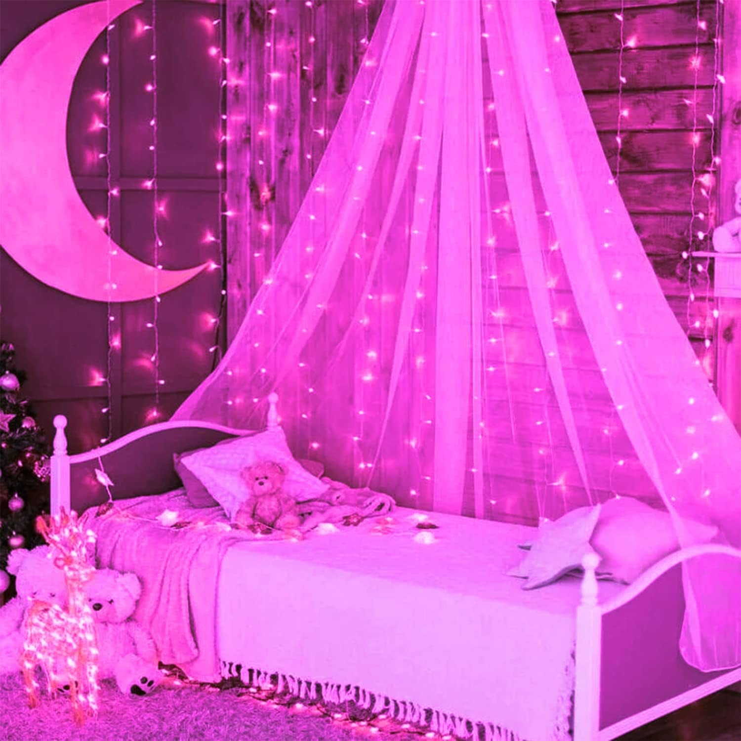 300 LED Curtain Lights Plug in with Remote, 9.8X9.8FT Pink Christmas Lights Indoor, 8 Modes Pink String Lights for Bedroom Window Wall Party Backdrop Xmas Valentine Decorations